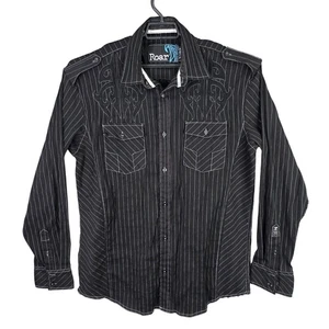 Mens Roar Black Pinstripe Western Shirt Long Sleeve Front Pockets Size XL - Picture 1 of 8