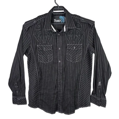 Mens Roar Black Pinstripe Western Shirt Long Sleeve Front Pockets Size XL - Image 1 of 4