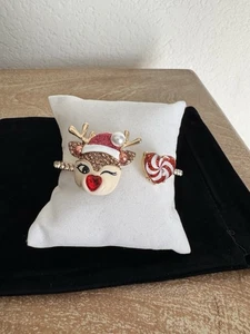 Betsey Johnson Jingle Bell Bling Winking Raindeer Open Hunge Bangle Brace NWT - Picture 1 of 5