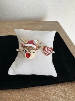 Betsey Johnson Jingle Bell Bling Winking Raindeer Open Hunge Bangle Brace NWT - Image 1 of 4