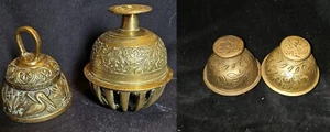 Brass Elephant Claw Temple Bells x 3 & Brass Peerage Sanctus Bell - Picture 1 of 15