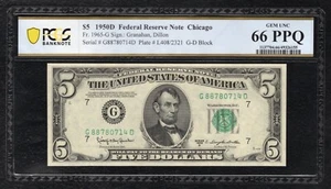 FR. 1965-G 1950-D $5 FRN CHICAGO, IL PCGS BANKNOTE GEM UNCIRCULATED-66PPQ (C) - Picture 1 of 2
