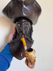 Rare Combo Antique Pipe et Masque Cuir (illustrer Pirates)