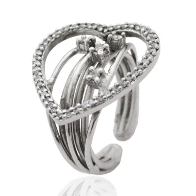Anello a cuore in argento 925 rodiato con zirconi bianchi misura regolabile - Immagine 1 di 2