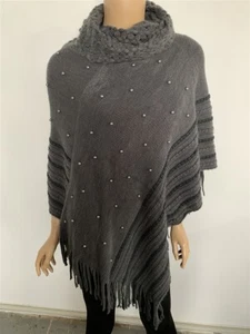 Poncho cuello alto negro con detalles de perlas sintéticas - Imagen 1 de 1