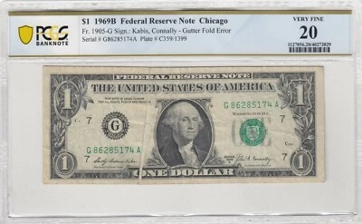 $1 *ERROR NOTE* 1969B Federal Reserve Note Fr.1905-G PCGS 20 VERY FINE - Image 1 of 2