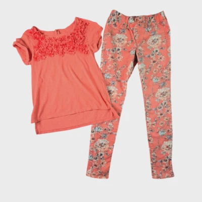 Gap Kids Girls 2pc Outfit 12 Coral Flower Print Jeans Textured Top Easter Spring - Image 1 of 4