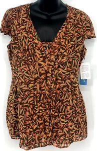 Nine West Top Size 6 Brown Olive Cap Sleeve Pleated Silk Blouse Zip Women New - Picture 1 of 12