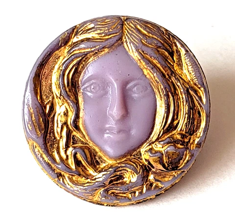 Antique Purple Glass Button Art Nouveau Woman 5/8" Small Cover