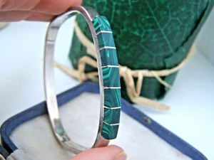 GORGEOUS VINTAGE MODERNIST SOLID STERLING SILVER MALACHITE BRACELET BANGLE 7" - Picture 1 of 8