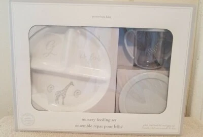 New Pottery Barn Baby Gray & White Giraffe Nursery Feeding Set - Plate Cup Bowl - Image 1 of 4