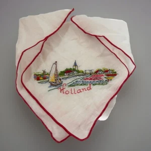 Vintage embroidered Holland country windmill scene red trim handkerchief READ - Picture 1 of 8