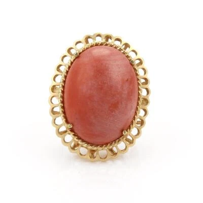Anillo Coral Grande De Colección Oro Amarillo 14k Grande Solitario Elegante Talla Ovalada - 7 Foto 1 de 4