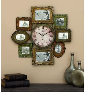 Rustic Victorian Metal Photo 8-Frame & Wall Clock Collage Montage Roman Numerals - Picture 1 of 4