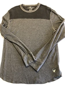 American Eagle Waffle Knit Shirt Men's Large Black Thermal Pullover Crew Sweater - Picture 1 of 6