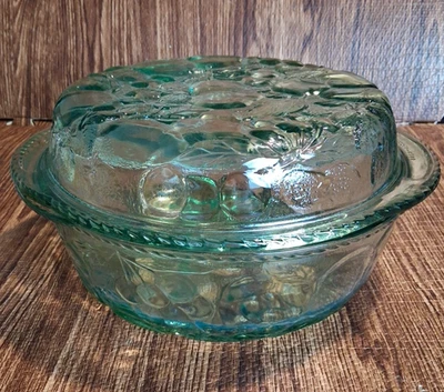 Libbey "Orchard Fruit" Embossed Glass Covered Casserole Dish Green Vintage  - Image 1 of 4