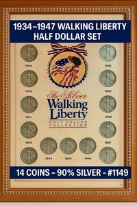 Vintage gerahmt 1934-47 Silber Walking Liberty Half Dollar - 14 Münzen - #1149 - 90% Silber - Bild 1 von 13