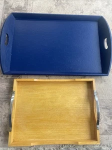 Vintage Wooden Trays Large Blue Painted Handles - Picture 1 of 9