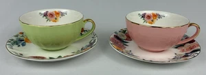 Green & Pink Dream Lover Teacup And Saucer Coral, Floral And Gold Trim Set of 2 - Picture 1 of 10