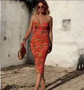 ZARA TULLE Floral CORSETRY Bodycon Midi Dress Ruched NWT Size S Lined Chiffon - Picture 1 of 7