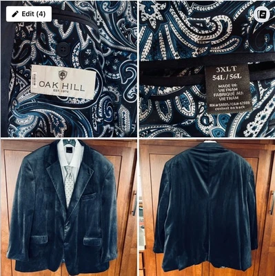 OakHill Velvet Sports Coat. Steel Blue. 3XLTor 54L/56L. Notched Lapel. 2Buttons  - Image 1 of 4