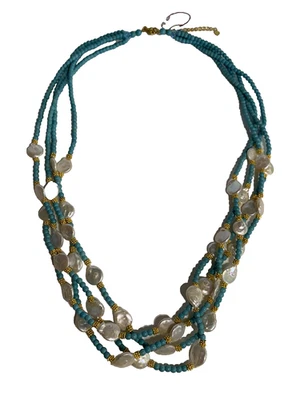 Turquoise Pearl Necklace 4 Strand 29-32” Brass Seed Beads Boho Statement - Image 1 of 4
