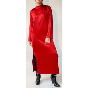 Nanushka Rust Red Satin Midi Dress Long Sleeve Mock Neck Minimalist Size M - Picture 1 of 12