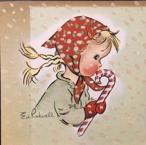 Vintage Weihnachtsgrußkarte süßes Zopfmädchen leckt Zuckerstange Eve Rockwell - Bild 1 von 5
