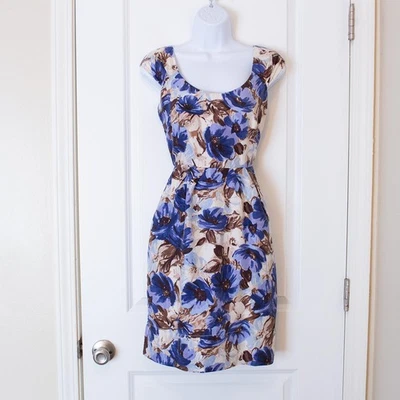 Sz 0 Silk Floral Brush Stroke Blue Brown Mini Dress Cap Sleeve Banana Republic - Image 1 of 4