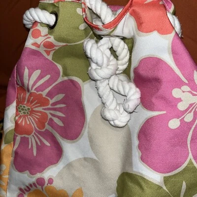 Vintage Clinique Beach Bag Yellow Orange Pink Tropical Floral Rope Closure - Image 1 of 4