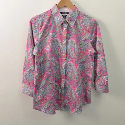 Chaps No Iron Shirt Womens Medium Pink Paisley Button Front Long Sleeve Cotton - Image 1 of 4
