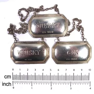 3 x Vintage Solid Silver Wine Labels Decanter GIN SHERRY WHISKY HM Birm 1986/87 - Picture 1 of 10
