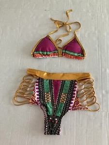 NWOT Bikini Women's 2Pc Geo/Aztec Print w/Gold Metallic Trim Sz Med High Leg - Picture 1 of 12
