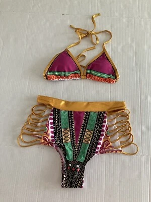 NWOT Bikini Women's 2Pc Geo/Aztec Print w/Gold Metallic Trim Sz Med High Leg - Image 1 of 4