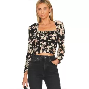 Free People Black Floral Print Keyhole Neck Boho Peasant Hilary Top Size Small - Picture 1 of 16