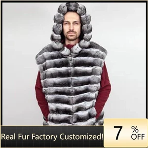 New Men's Real Rex Rabbit Fur Hooded Chinchilla Colored Gilet Waistcoat Fur Vest - Picture 1 of 6