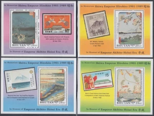 BUTÁN Sc #862-4, 7 MNH X 4 S/S DE PINTURAS HIROSHIGE, SELLOS EN SELLOS - Imagen 1 de 1