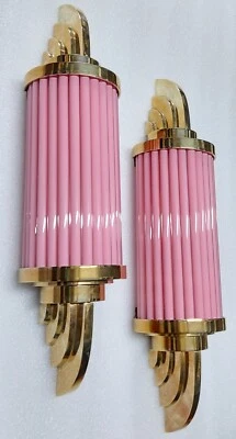 Par de Arandelas de Parede Antigas Vintage Art Deco Latão Rosa Vara de Vidro Luz de Envio - Imagem 1 de 4