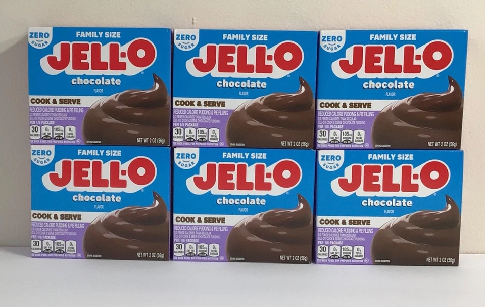 Jell-O шоколадный пудинг, готовить и подавать, без сахара, 2,0 унций 6 коробок Бесплатная доставка - Изображение 1 из 1