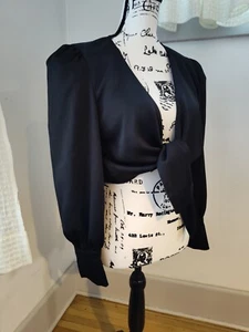 WAYF Women's NWT Cropped Tie Front Black Satin Blouse Top Long Slv LARGE - Picture 1 of 7
