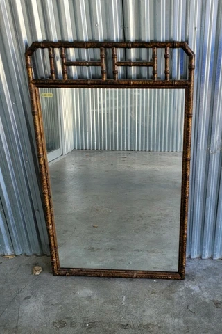 VINTAGE CHINESE CHIPPENDALE TORTOISE SHELL FAUX RATTAN WOOD MIRROR Cover