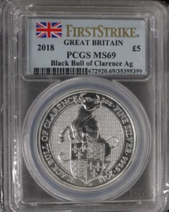 2018 2 oz Queen's Beast Black Bull of Clarence Ag Silver Coin MS69 FIRST STRIKE! - Picture 1 of 4