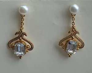 C. Garcia 22K Gold Plate Pearl Crystal Earrings Art Deco Evening Elegant Bridal - Picture 1 of 7