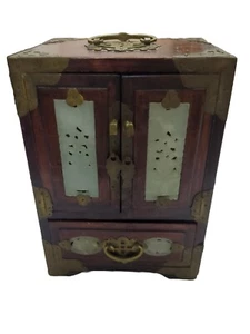 Vtg Oriental Chinese  Wooden Jewelry Box Ornate Brass Carved Jade Inlaid 9/7/5in - Picture 1 of 7