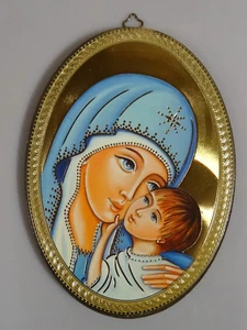 Wandbild Bild Laminiert auf Holz handgefertigt Heilige Maria und Jesuskind Oval - Bild 1 von 6