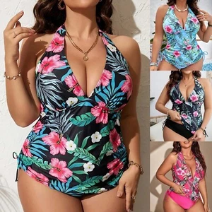 Women Plus Size 2 Piece V Neck Tankini Swimsuit with Tummy Control Bikini Bottom - Picture 1 of 21