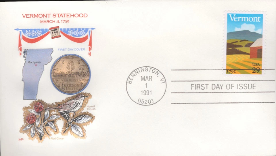 1991 FDC - Scott# 2533 - Vermont Statehood - Farnam Cachet - Image 1 of 1