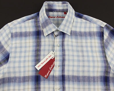 Men's REPORT COLLECTION White Blue Plaid Linen Shirt Medium M NWoT NEW Beautiful - Image 1 of 4