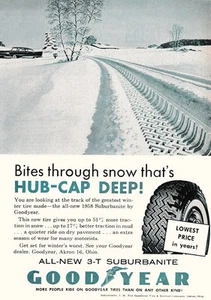 1958 Goodyear Tires: Bites Through Snow Hub Cap Deep Vintage Print Ad - Picture 1 of 1