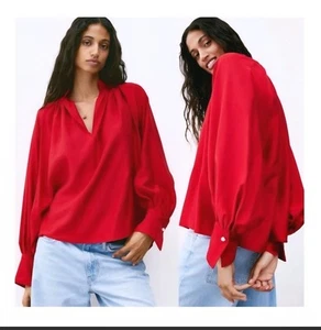 H&M Balloon-Sleeved Blouse Red NWT Large - Picture 1 of 8